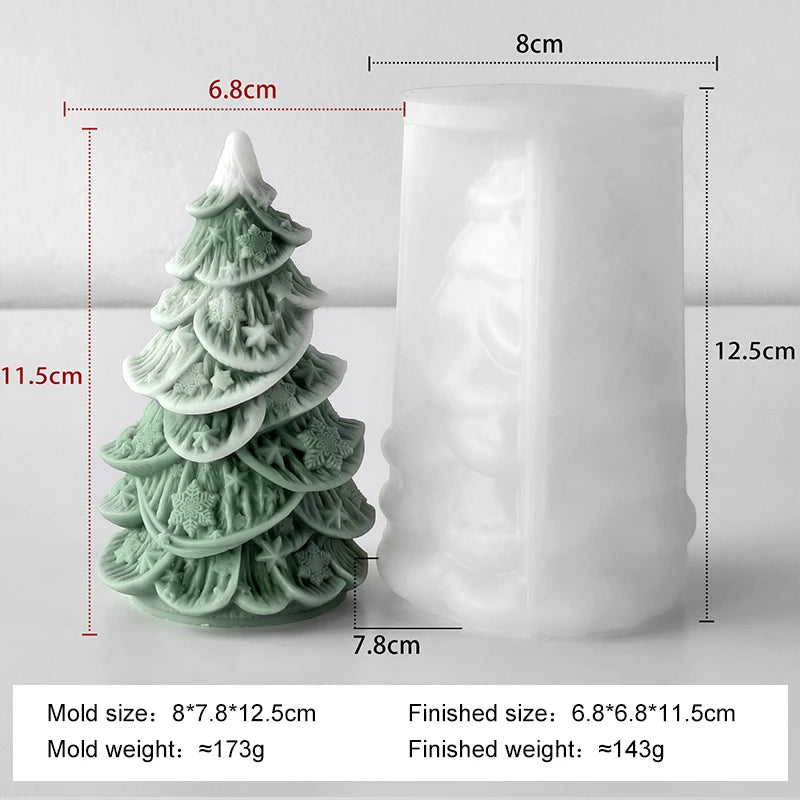 A white silicone candle mold shaped like a Christmas tree with star and snowflake details, shown next to its dimensions.