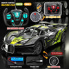 A black and yellow remote control racing car with tires, charging cable, and battery components shown in detail.