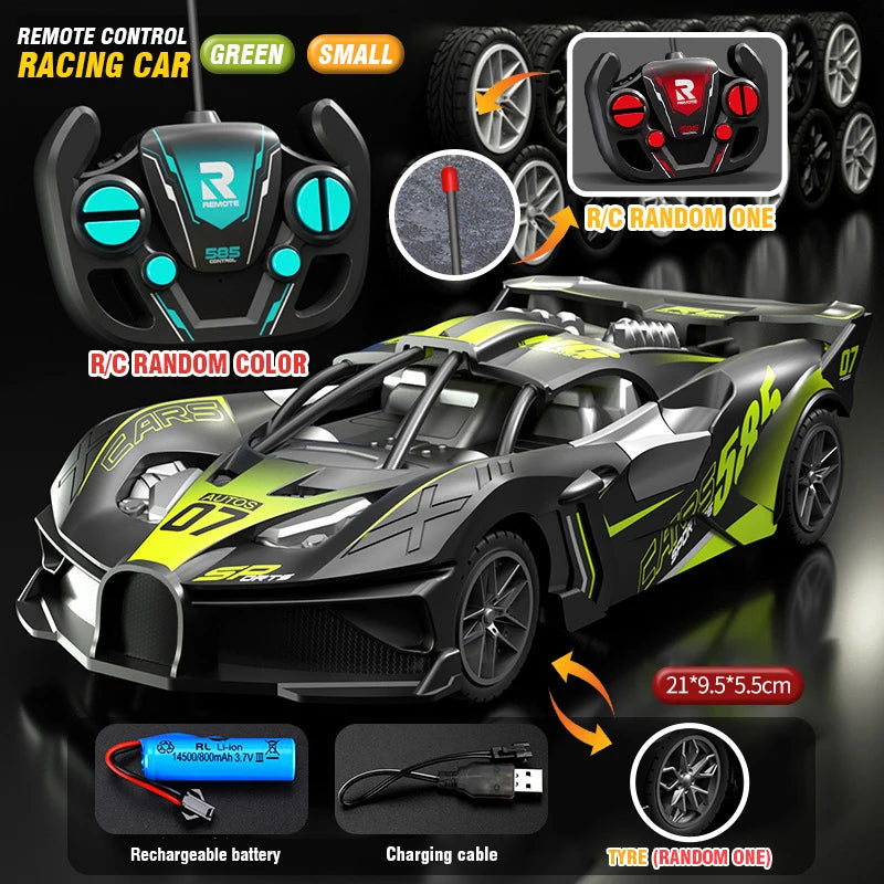 A black and yellow remote control racing car with tires, charging cable, and battery components shown in detail.