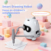 A white drawing robot shaped like a dinosaur is shown writing on paper in a pink and pastel environment.