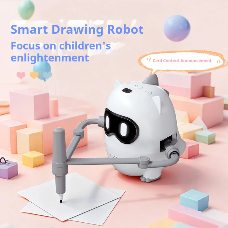 A white drawing robot shaped like a dinosaur is shown writing on paper in a pink and pastel environment.