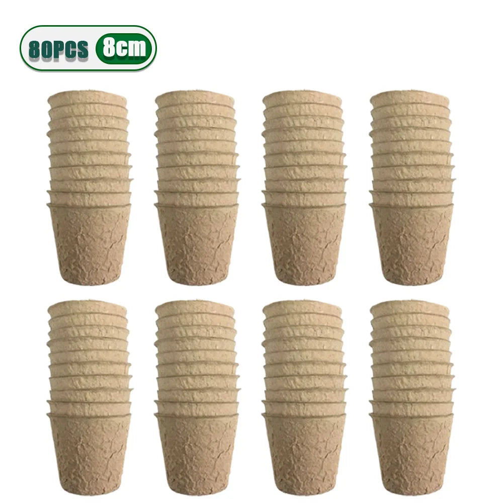 A set of 80 biodegradable peat pots for seed starting in a natural earth tone color.