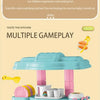 A pink and teal mini kitchen set for babies featuring cooking accessories and multiple gameplay options.