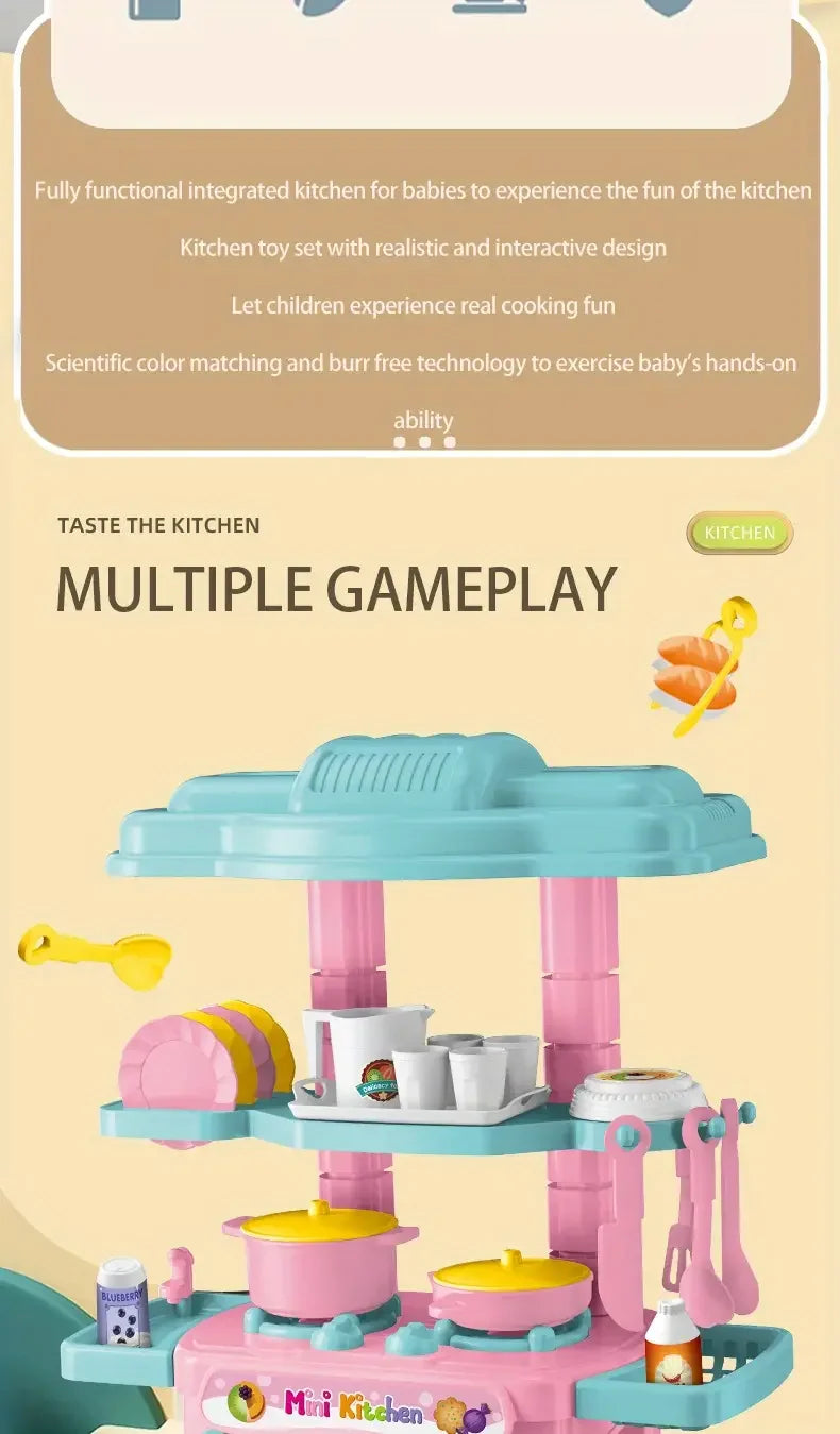 A pink and teal mini kitchen set for babies featuring cooking accessories and multiple gameplay options.