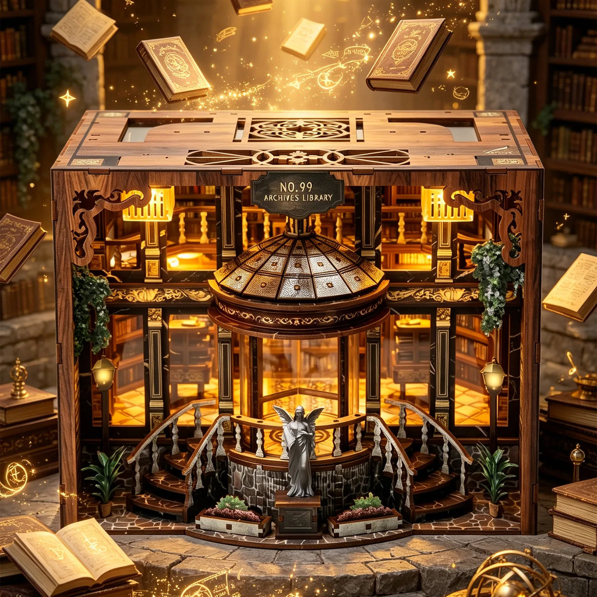 A detailed wooden miniature library model featuring shelves, books, and an illuminated central display.