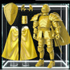 A yellow articulated paladin action figure displayed with its cape and accessories.