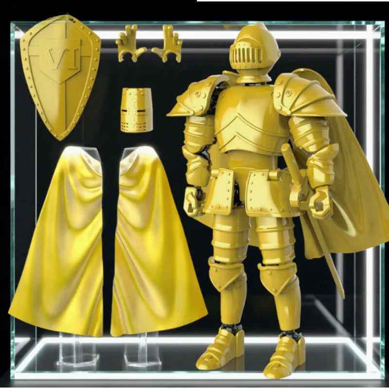 A yellow articulated paladin action figure displayed with its cape and accessories.