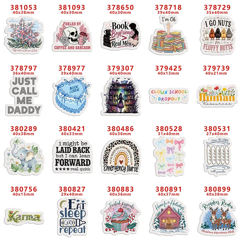 A collection of 30 acrylic flatback resin cabochons featuring various text and imagery for DIY crafts
