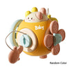 A yellow Montessori Busy Cube sensory toy with pink accents and a flower design.