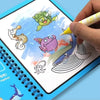 A hand is drawing a colorful illustration of a green dragon and other sea creatures in a reusable water drawing book.