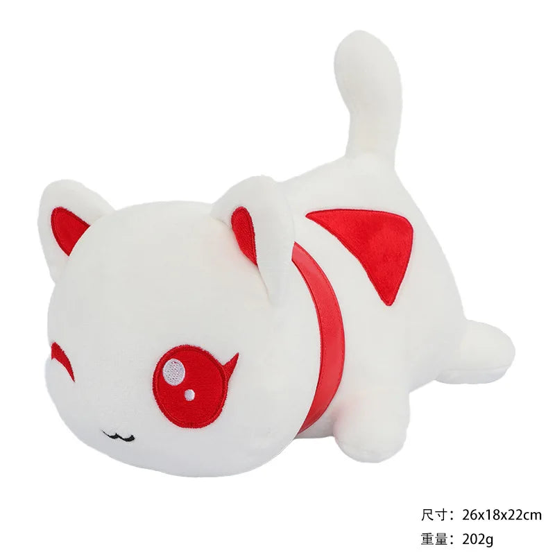 A white plush cat doll with red accents and a fluffy tail.