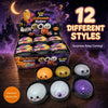 A box of 12 different style Halloween mystery boxes featuring squishy fidget toys like pumpkins, eyeballs, and skulls.