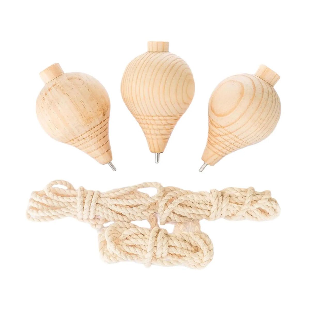 Three unfinished wooden spinning tops with steel points for paint your own craft toys