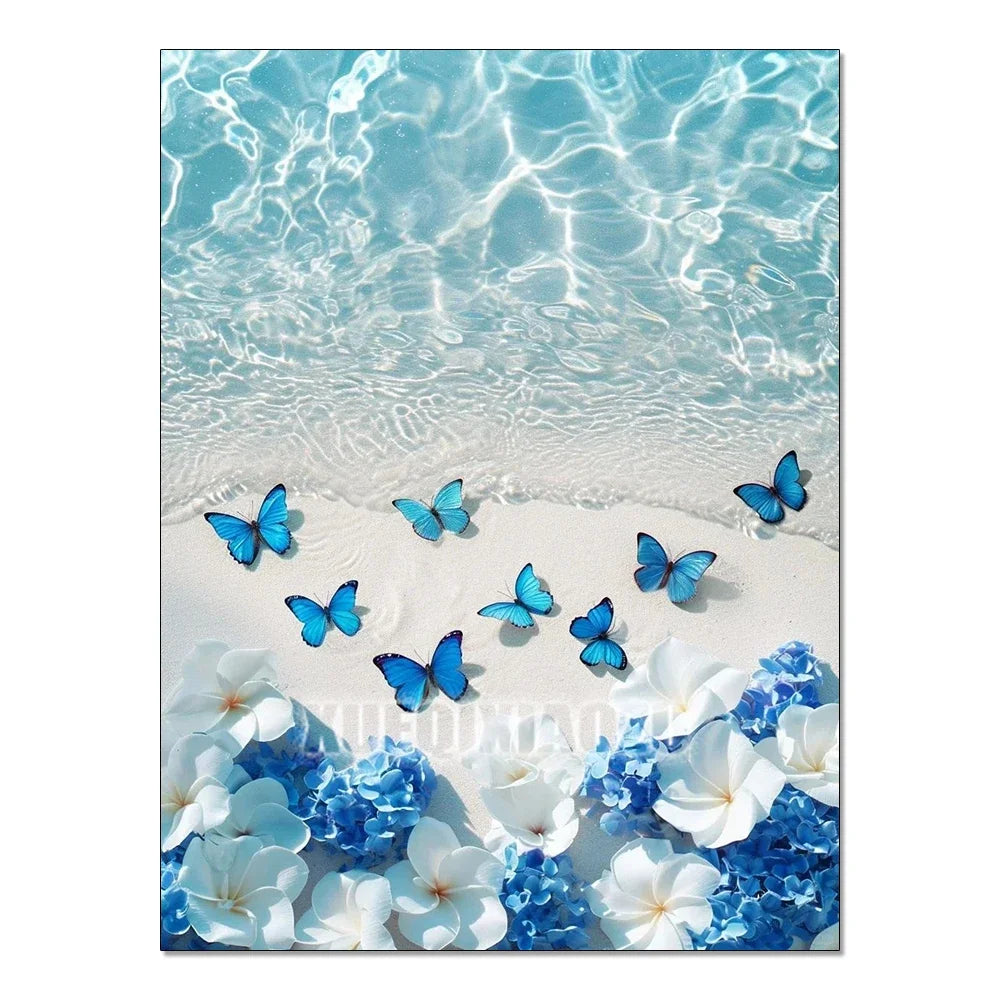 A close-up of a sea scene featuring blue water, white sand, and various blue butterflies and flowers.