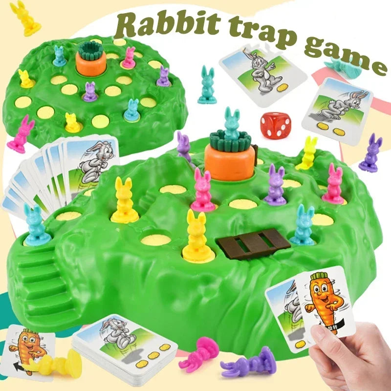A green board game featuring a rabbit trap theme with various colored plastic pieces and cards.