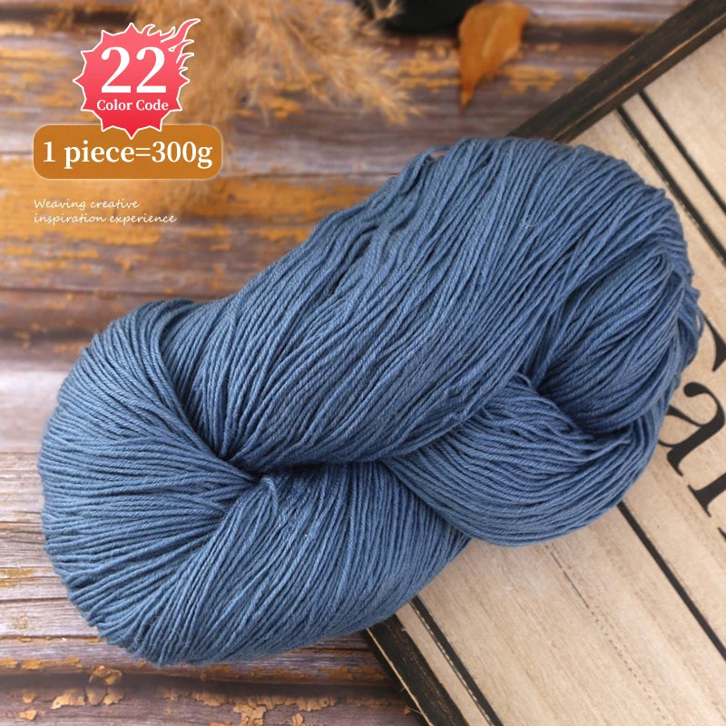 A skein of blue-gray yarn is shown on a wooden surface, ready for knitting or crafting.