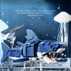 A blue mechanical shark building block puzzle assembly featuring a mix of mechanical and animal body parts.