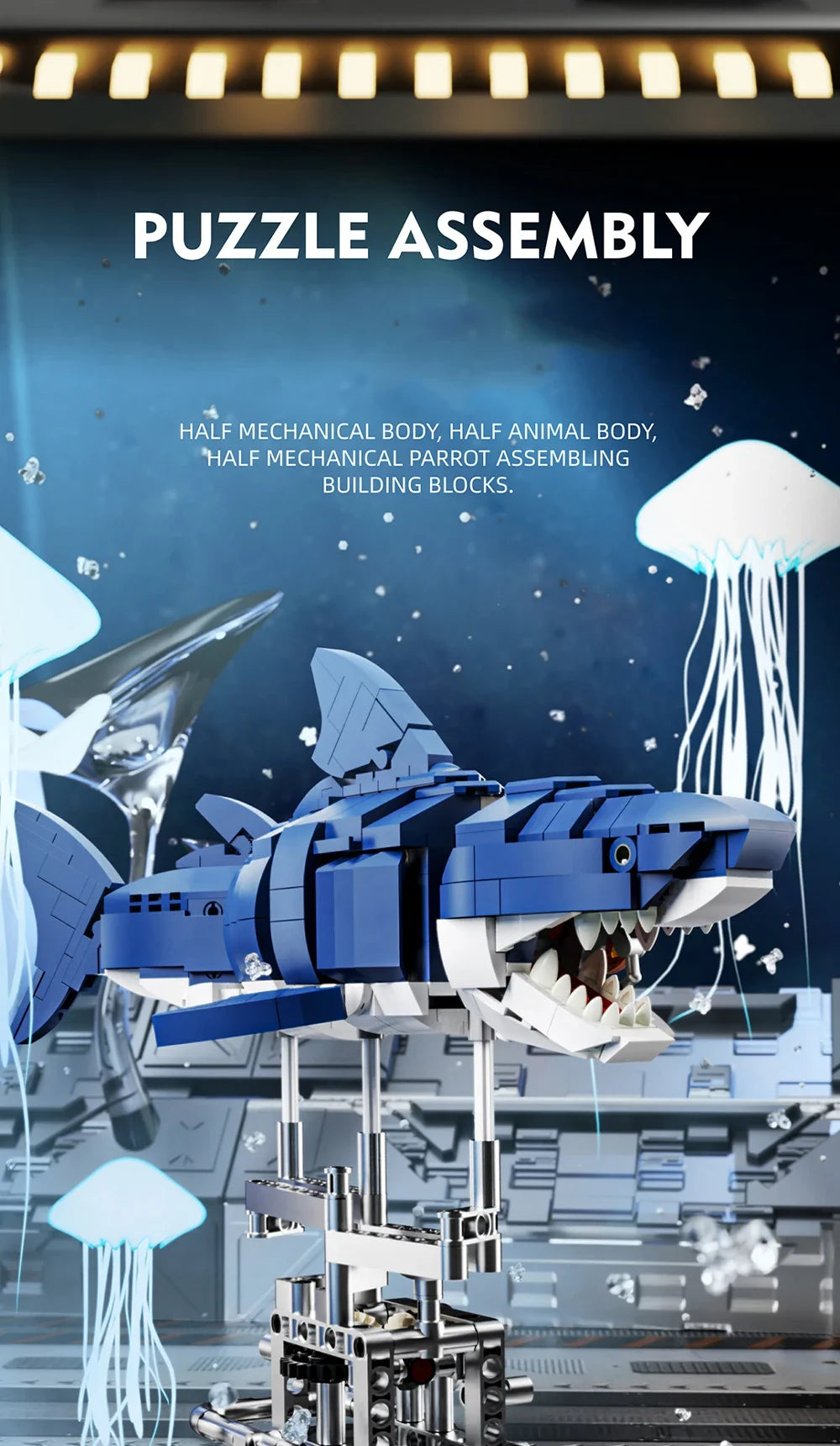 A blue mechanical shark building block puzzle assembly featuring a mix of mechanical and animal body parts.