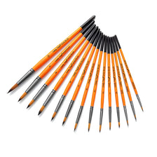 A set of round paint brushes with orange and black handles and nylon bristles.