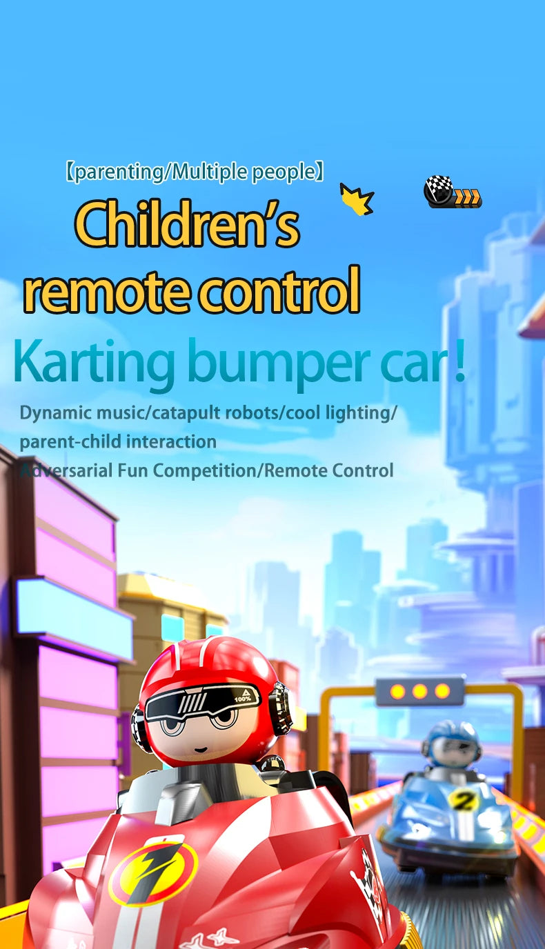 A red remote control karting bumper car toy for children with a driver figure and surrounding battle car elements.