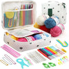 A complete 59-piece crochet kit for beginners with various yarn colors and needles stored in a white fabric bag.