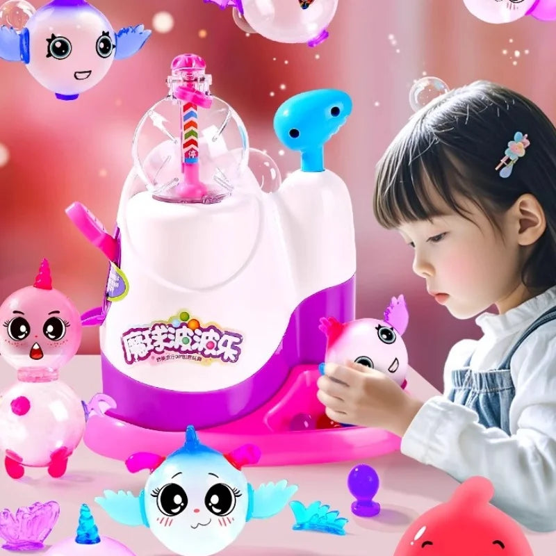 A young girl is using a pink and purple balloon modeling kit with an inflator tool, surrounded by various colorful balloons.