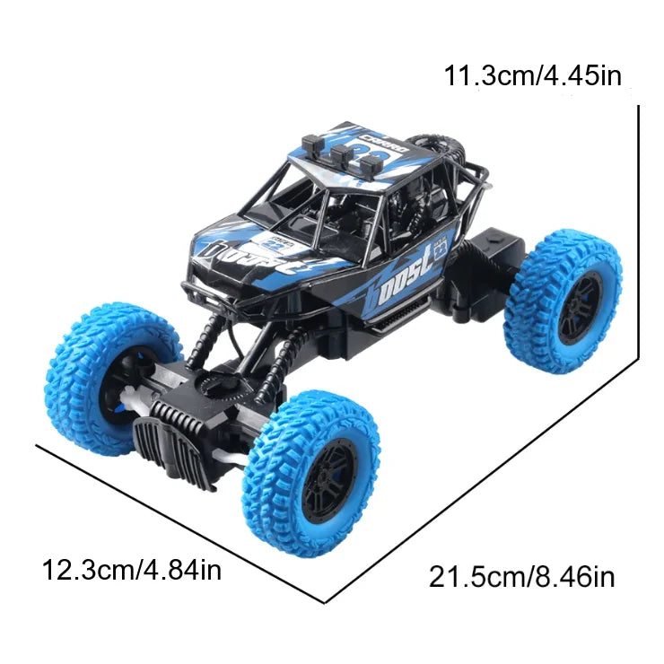 A black and blue off-road remote control car with large tires and flashing lights.