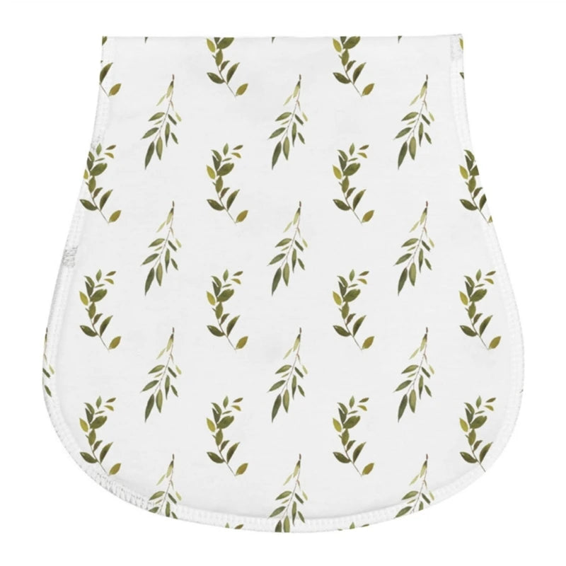 White muslin burp cloth with a pattern of green leaves for babies