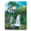 A vibrant forest landscape diamond painting featuring a waterfall, lush green trees, and white birds against a blue sky.