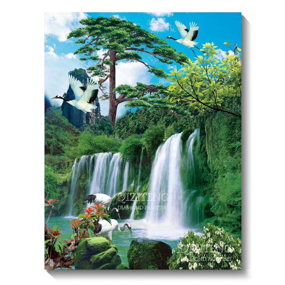 A vibrant forest landscape diamond painting featuring a waterfall, lush green trees, and white birds against a blue sky.