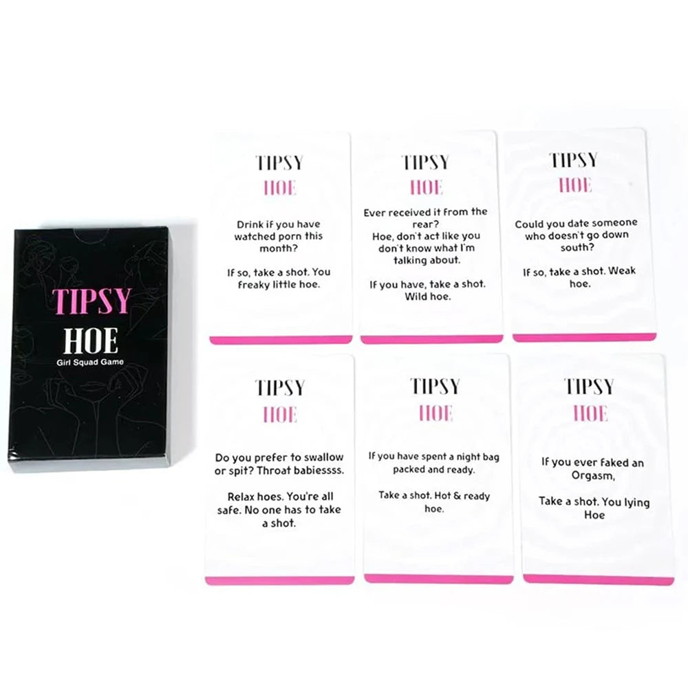 A set of pink cards for a tipsy hoe drinking game featuring various prompts like drink, date someone, and take a shot.