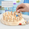 A hand is placing a wooden memory chess game piece onto a light wood board with other pieces.