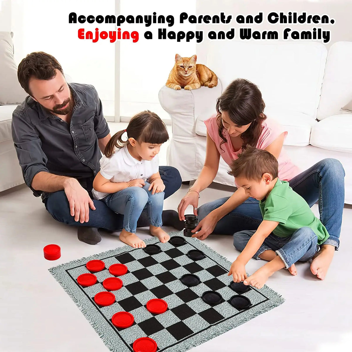 A family enjoying a game of checkers and tic-tac-toe on a large checkered rug.