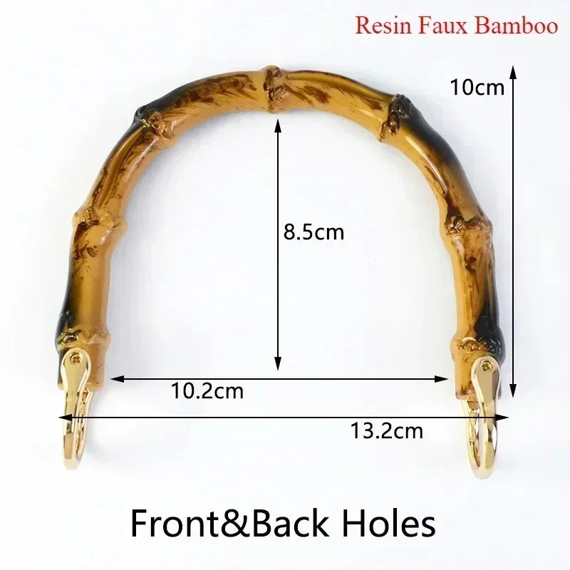Golden resin faux bamboo bag handles with front and back holes