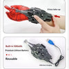 A hand is shown using a key take-up mechanism on a red glove, next to a reusable lithium battery and USB charging cable.