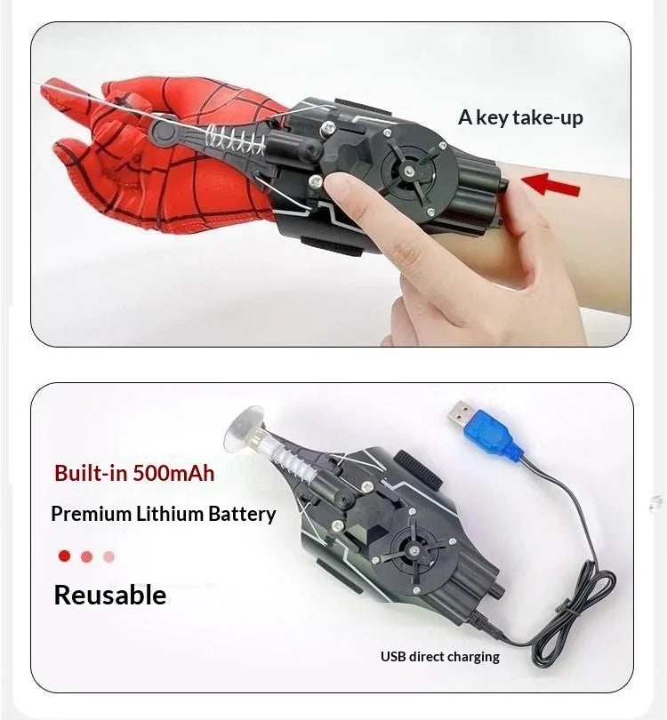 A hand is shown using a key take-up mechanism on a red glove, next to a reusable lithium battery and USB charging cable.