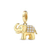 A gold-toned charm bracelet featuring pendants shaped like an elephant, key, butterfly, and heart.