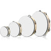 A set of three wooden tambourines with metal jingles for music practice, shown from above.