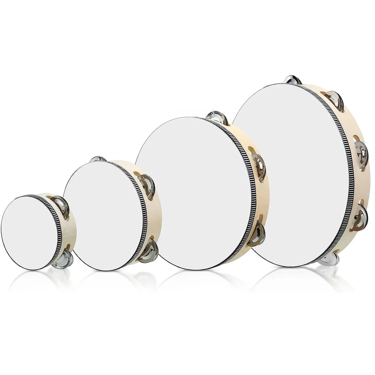 A set of three wooden tambourines with metal jingles for music practice, shown from above.