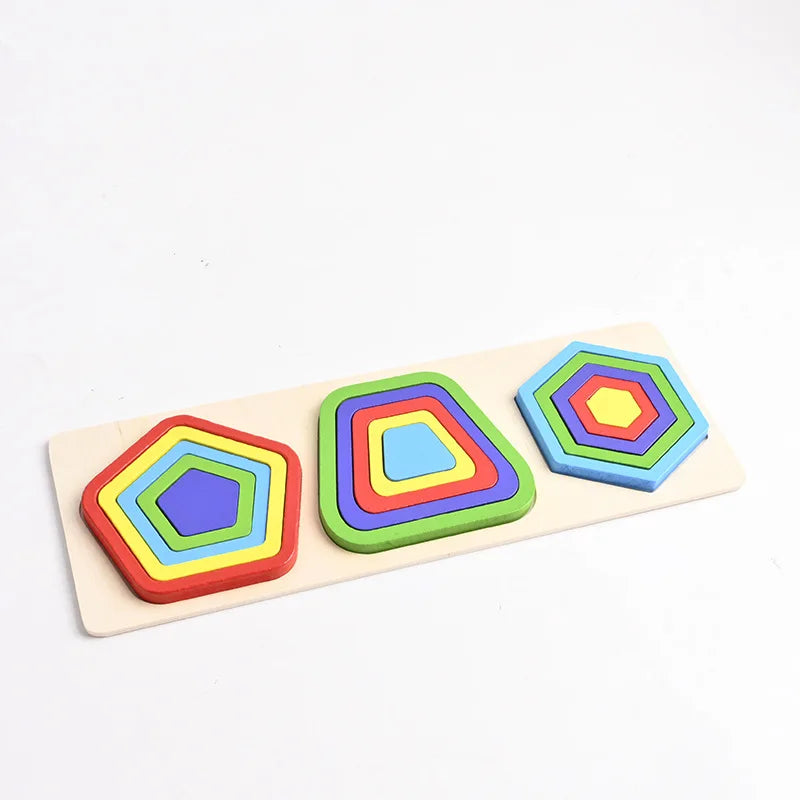 A wooden geometric shape sorter puzzle featuring colorful, interlocking shapes in various shades of blue, green, and orange.