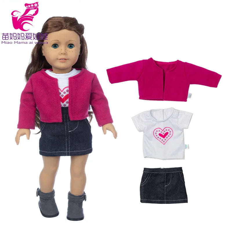 A doll outfit set featuring a pink jacket, white shirt, dark denim skirt, and black tights.