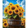 A vibrant painting of a large bouquet of sunflowers in a wooden barrel against a blue sky.