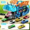 A dinosaur transport truck toy set featuring transforming die-cast cars in various colors and configurations.