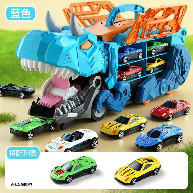 A dinosaur transport truck toy set featuring transforming die-cast cars in various colors and configurations.