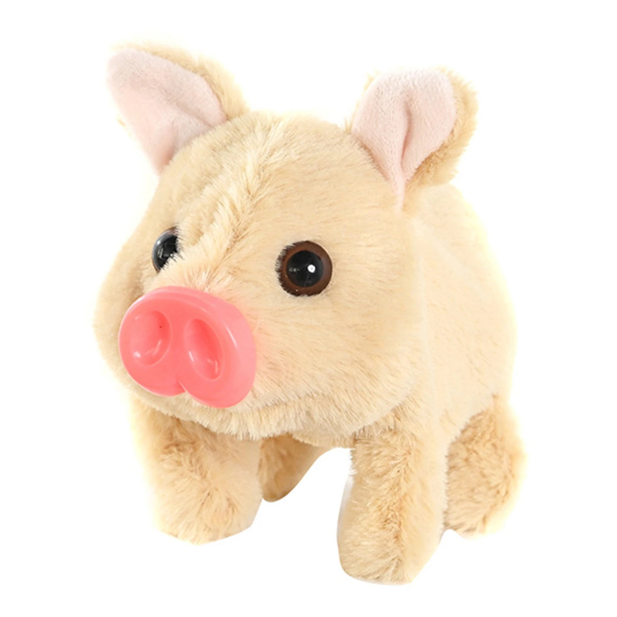Ein beigefarbener Plüschtier in Form eines Schweins mit rosa Zügen und hängigen Ohren.