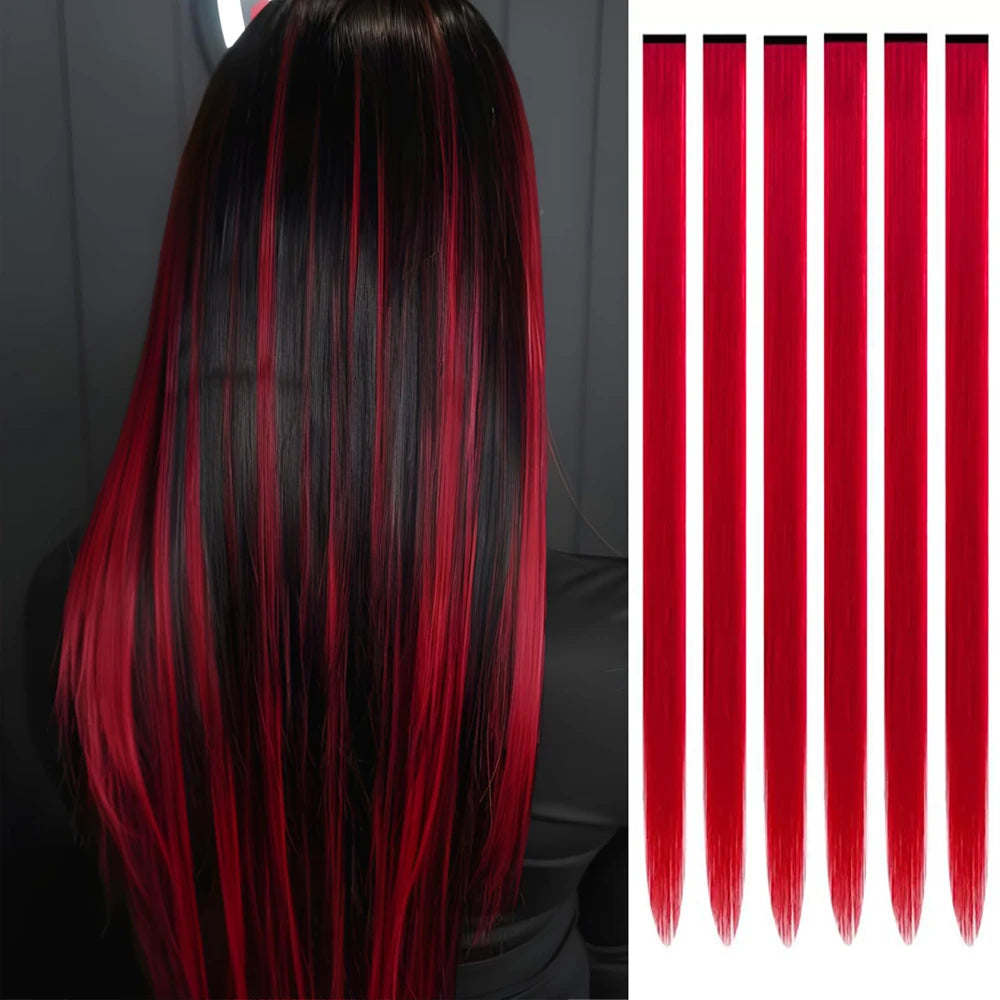 A set of six vibrant red hair extensions displayed vertically for sale.