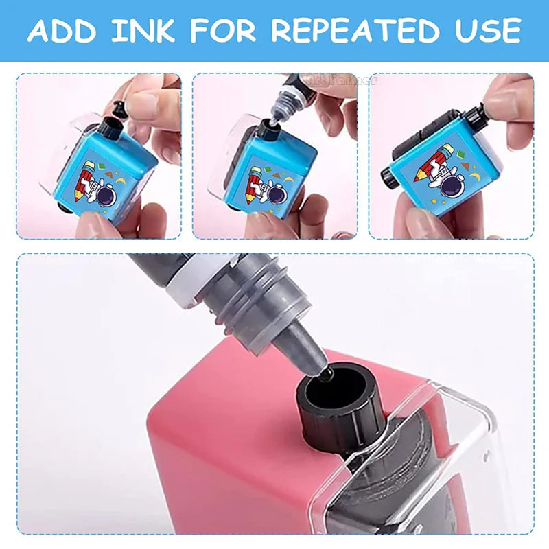 A hand is adding ink to a Math Roller Stamp for Kids by inserting an ink cartridge into the device.