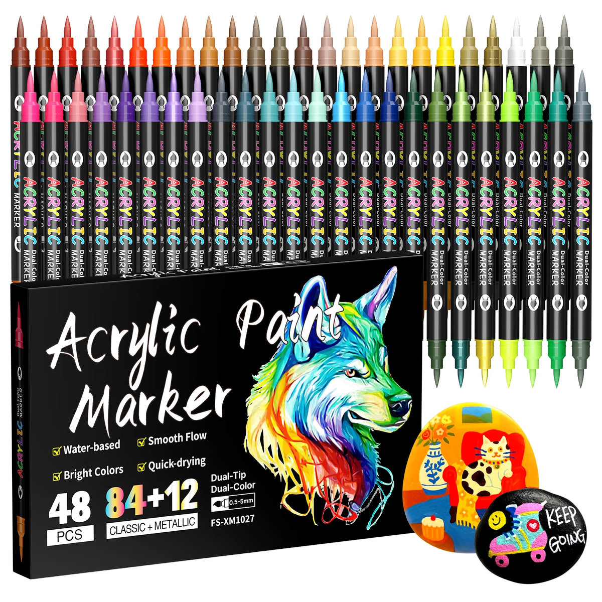A set of 48 acrylic paint markers featuring bright colors and a metallic finish for art and crafts.