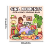 A coloring book cover titled Girl Moments Cute & Comfy Coloring Book featuring illustrations of cozy scenes with plants and p