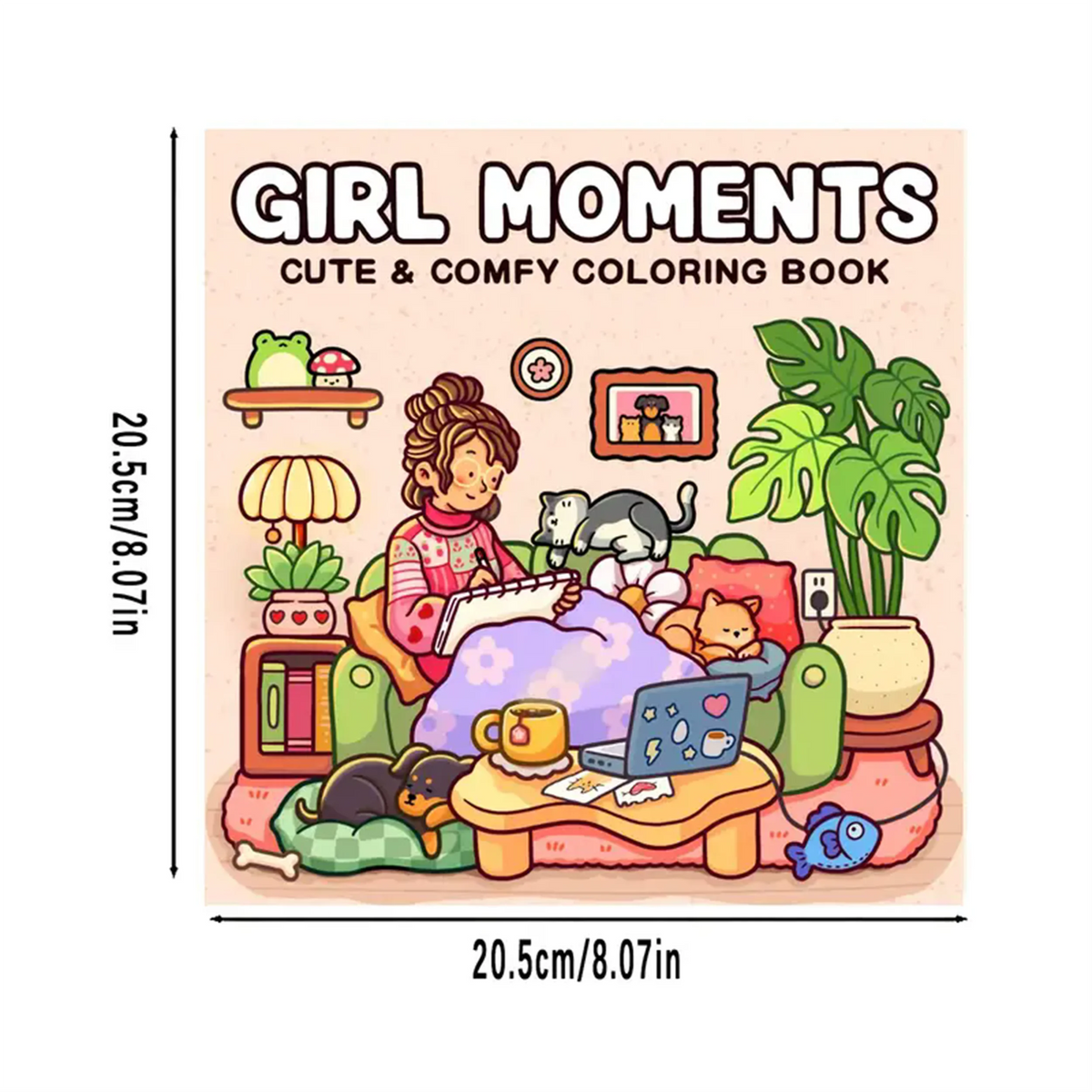 A coloring book cover titled Girl Moments Cute & Comfy Coloring Book featuring illustrations of cozy scenes with plants and p